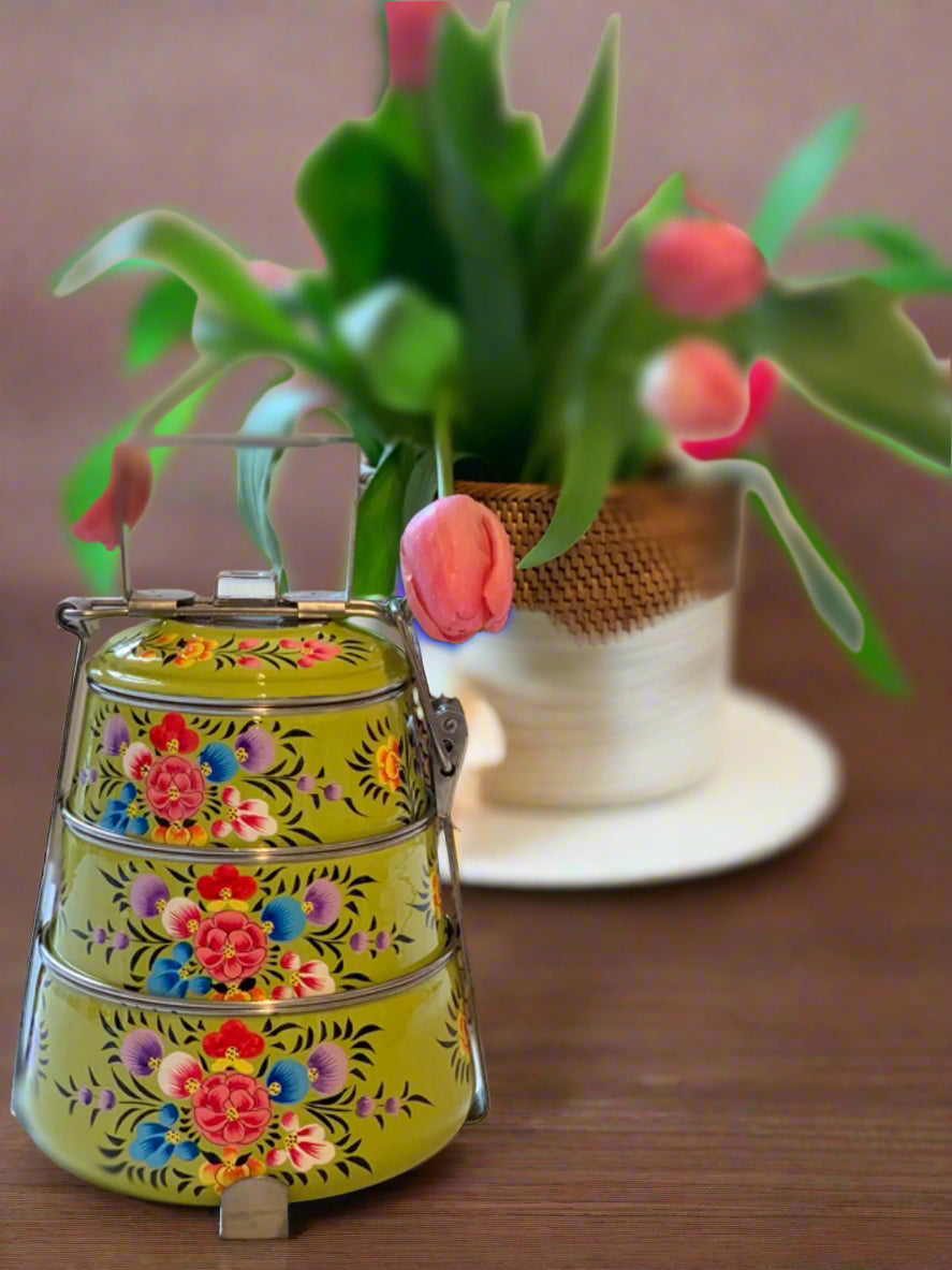 Hand-Painted 3-Tier Stainless Steel Lunch Box – green color Floral Design Eco-Friendly & Artistic Food Carrier